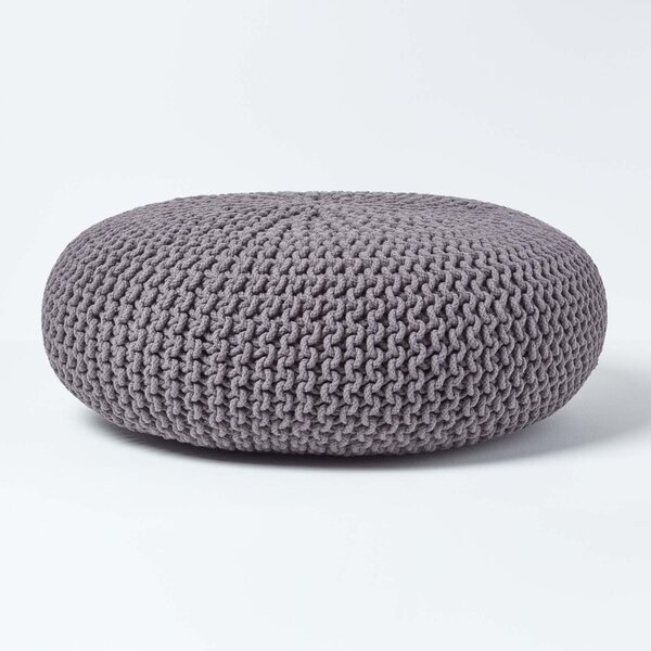 Homescapes Dark Grey Knitted Cotton Large Round Pouffe Footstool 70 x 23 cm