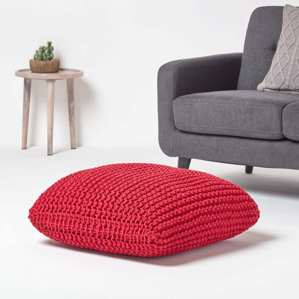 Red Knitted Cotton Pouffe Floor Cushion Square 70 x 70 x 20 cm