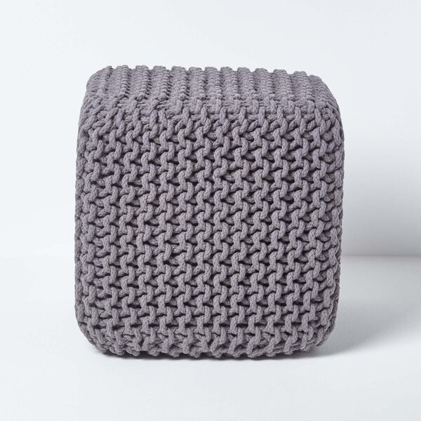 Homescapes Dark Grey Knitted Cotton Cube Footstool 35 x 35 x 35 cm