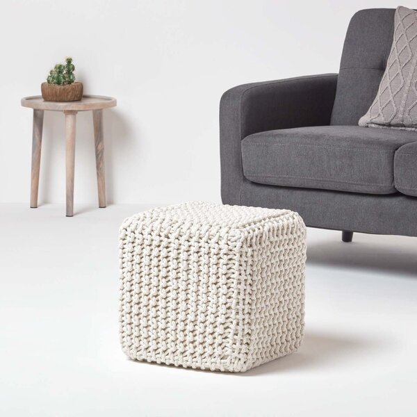 Homescapes Natural Knitted Cotton Cube Footstool 35 x 35 x 35 cm