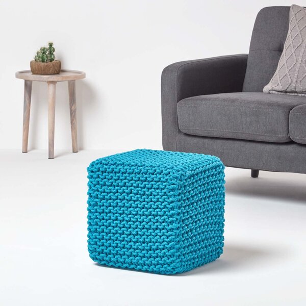 Homescapes Teal Knitted Cotton Cube Footstool 35 x 35 x 35 cm