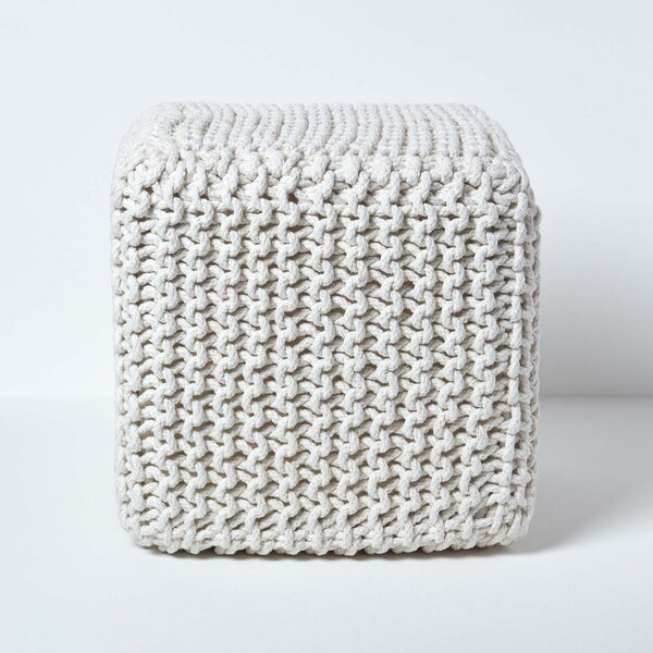 Homescapes Natural Knitted Cotton Cube Footstool 35 x 35 x 35 cm