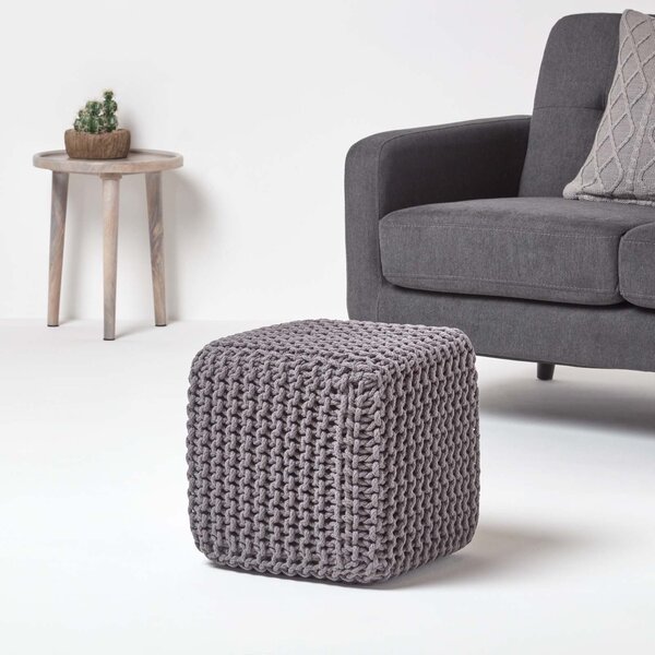 Homescapes Dark Grey Knitted Cotton Cube Footstool 35 x 35 x 35 cm