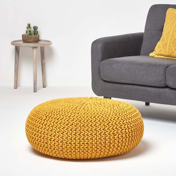 Homescapes Mustard Knitted Cotton Large Round Pouffe Footstool 70 x 23 cm