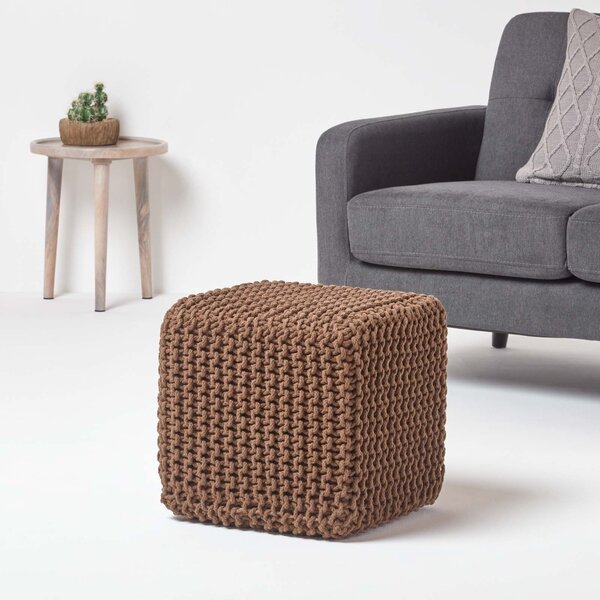 Chocolate Brown Knitted Cotton Cube Footstool 35 x 35 x 35 cm