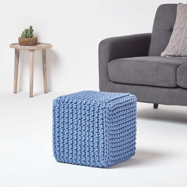 Homescapes Blue Knitted Cotton Cube Footstool 35 x 35 x 35 cm