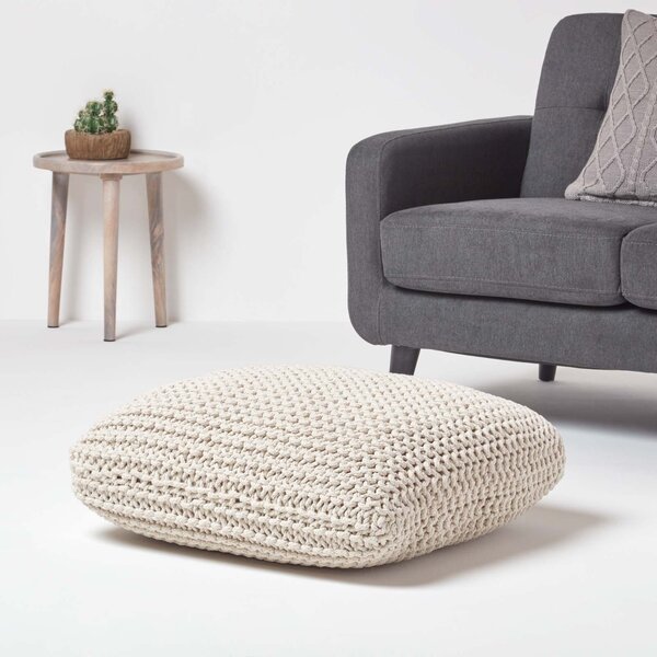 Natural Knitted Cotton Pouffe Floor Cushion Square 70 x 70 x 20 cm