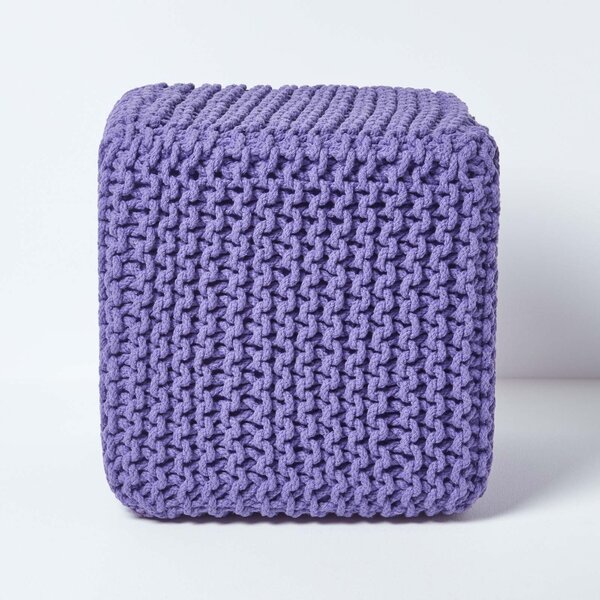 Homescapes Purple Knitted Cotton Cube Footstool 35 x 35 x 35 cm