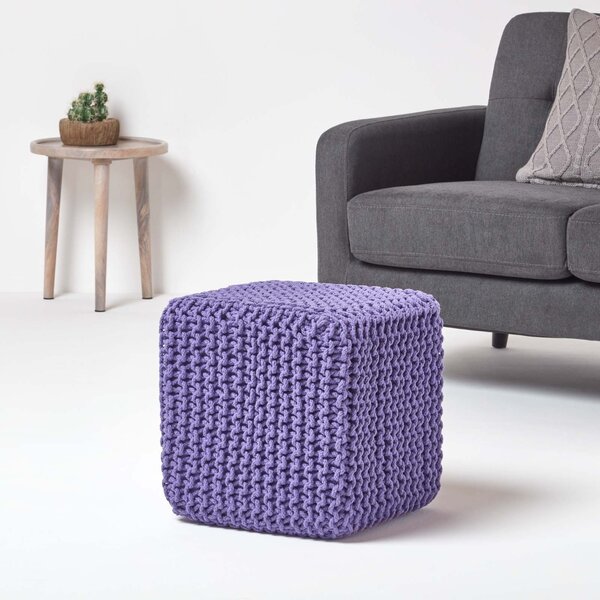 Homescapes Purple Knitted Cotton Cube Footstool 35 x 35 x 35 cm