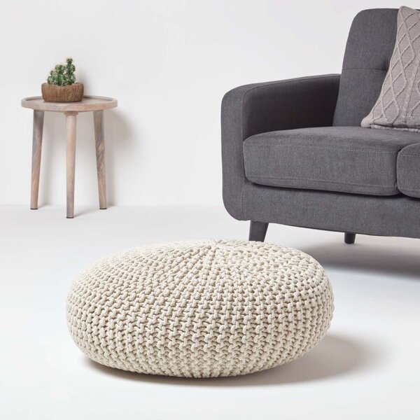 Homescapes Natural Knitted Cotton Large Round Pouffe Footstool 70 x 23 cm