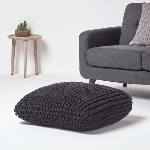 Black Knitted Cotton Pouffe Floor Cushion Square 70 x 70 x 20 cm