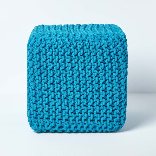 Homescapes Teal Knitted Cotton Cube Footstool 35 x 35 x 35 cm