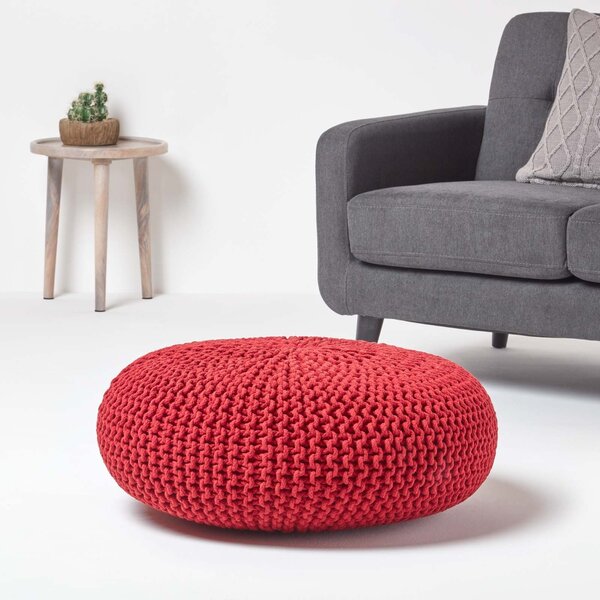 Homescapes Red Knitted Cotton Large Round Pouffe Footstool 70 x 23 cm