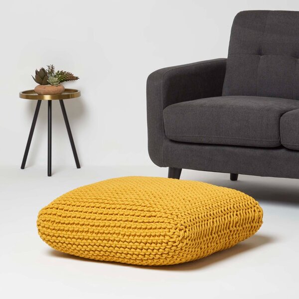 Yellow Knitted Cotton Pouffe Floor Cushion Square 70 x 70 x 20 cm