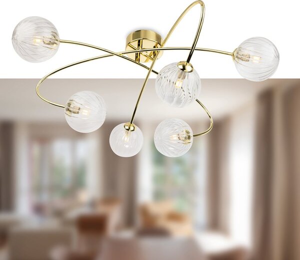 Firstlight 6926BR Atom 6 Light Flush Ceiling Light In Brass With Clear Decorative Glass