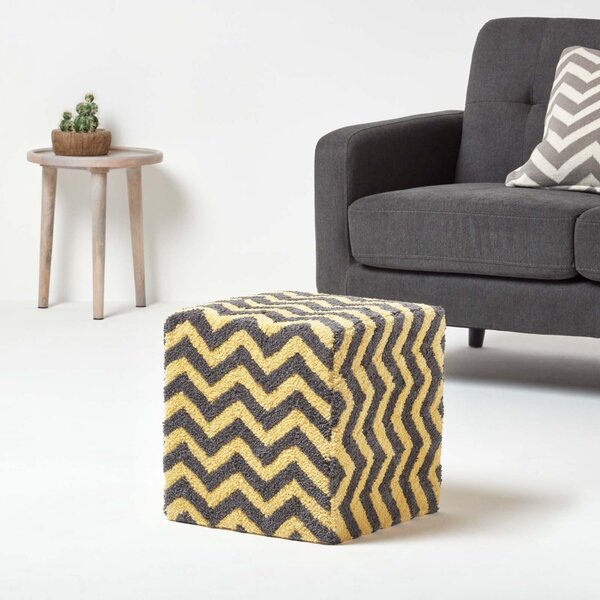 Grey and Yellow Chevron Cube Pouffe Tufted Cotton 36 x 36 x 38 cm