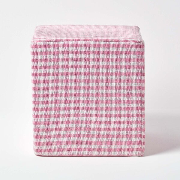 Homescapes Pink Gingham Check Cotton Cube Pouffe 36 x 36 x 38 cm