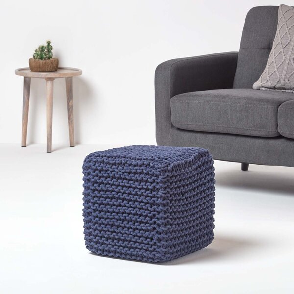 Homescapes Navy Blue Knitted Cotton Cube Footstool 35 x 35 x 35 cm