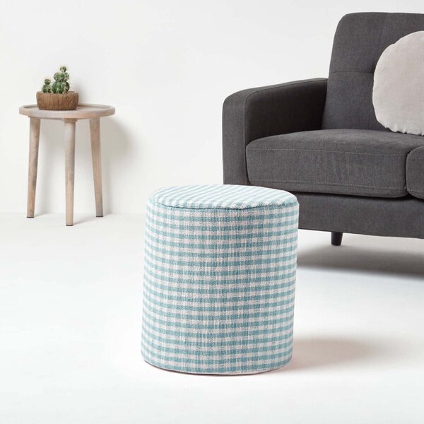 Homescapes Blue Gingham Check Round Pouffe Cotton 40 x 42 cm