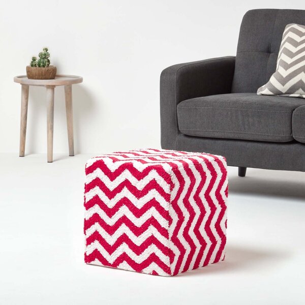 Red and White Chevron Design Cube Pouffe Tufted Cotton 36 x 36 x 38 cm