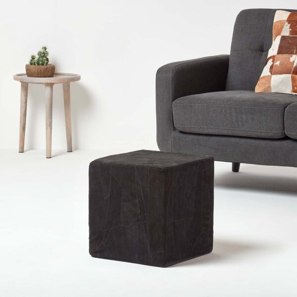 Black Leather and Suede Patchwork Cube Pouffe 36 x 36 x 38 cm