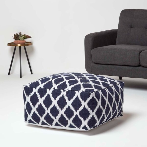 Homescapes Large Ikat Design Blue and Natural Colour Square Pouffe