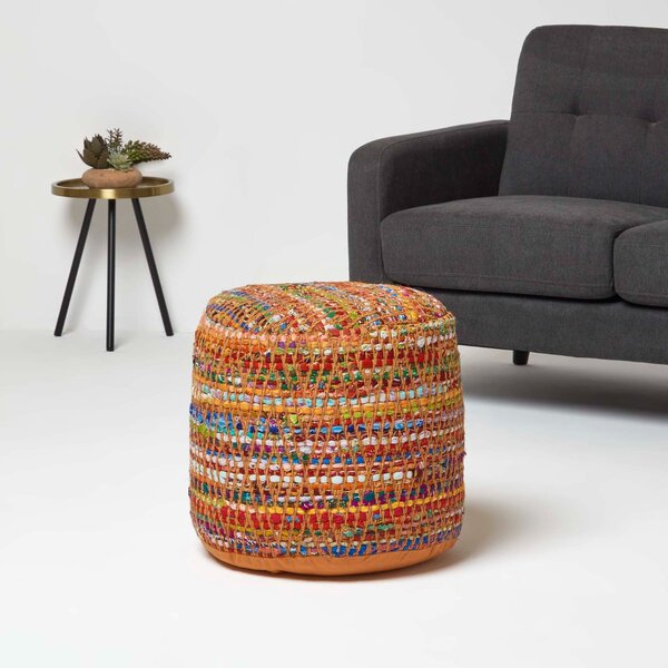 Red and Multi-Colour Chindi Design Circular Bean Filled Pouffe