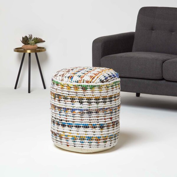 Cream Chindi Pattern Woven Bean Filled Pouffe Circular 45 x 40 cm