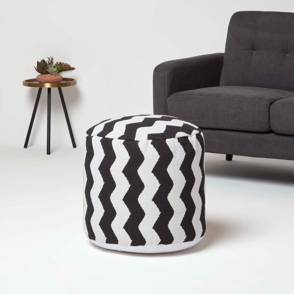 Circular Round Bean Footstool with Black and White Chevron Pattern