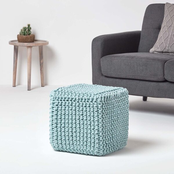 Homescapes Duck Egg Blue Knitted Cotton Cube Footstool 35 x 35 x 35 cm