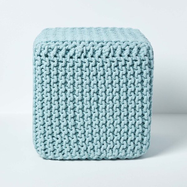 Homescapes Duck Egg Blue Knitted Cotton Cube Footstool 35 x 35 x 35 cm