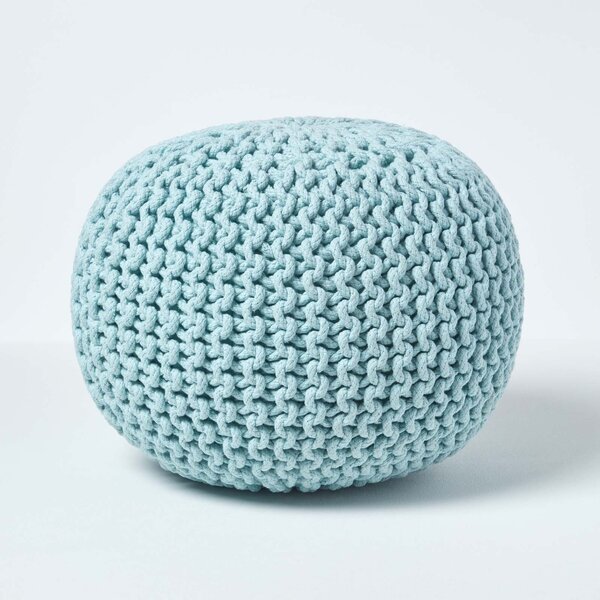 Pastel Aqua Blue Knitted Cotton Pouffe Footstool Round 35 x 40 cm