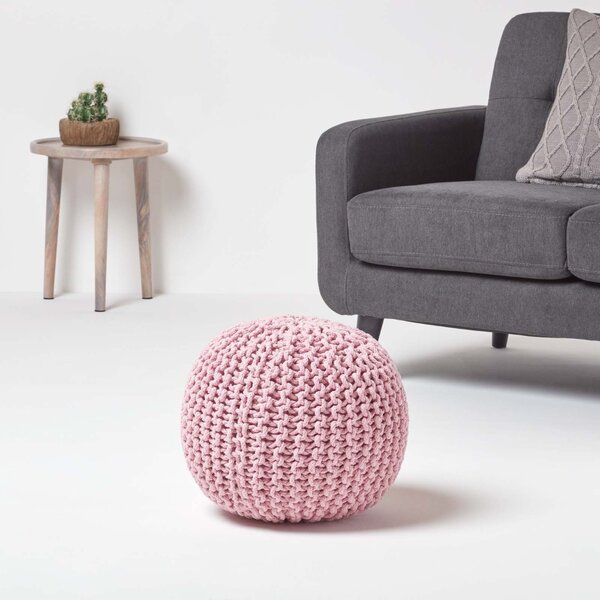 Pastel Pink Knitted Cotton Pouffe Footstool Round 35 x 40 cm