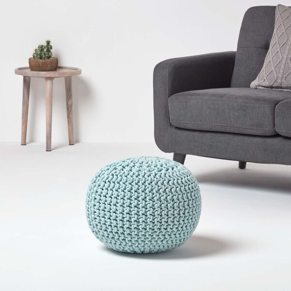 Pastel Aqua Blue Knitted Cotton Pouffe Footstool Round 35 x 40 cm