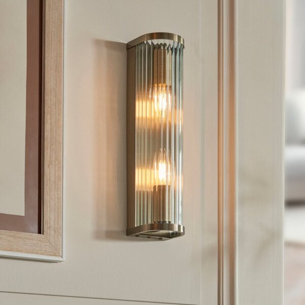 Endon 118597 Ridgeton Twin Wall Light In Antique Brass With Ribbed Glass