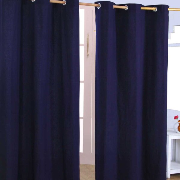 Cotton Plain Navy Blue Ready Made Eyelet Curtain Pair, 117 x 137 cm