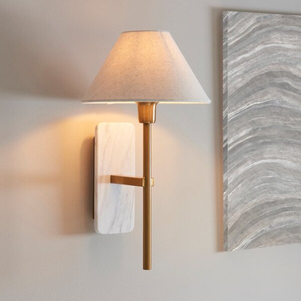 Endon 120638 Faro Wall light In White Marble And Vintage Brass With Natural Faux Linen Shade