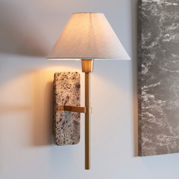 Endon 120636 Faro Wall light In Dark Brown Marble And Vintage Brass With Natural Faux Linen Shade