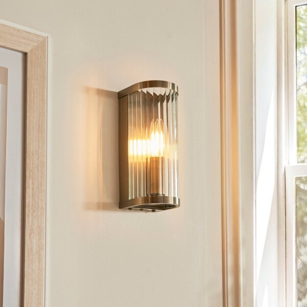 Endon 118596 Ridgeton Single Wall Light In Antique Brass With Ribbed Glass