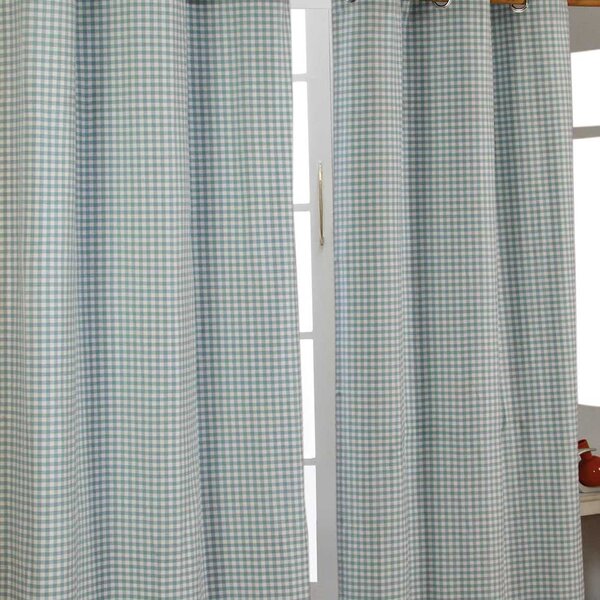 Cotton Gingham Check Blue Ready Made Eyelet Curtains, 137 x 182 cm