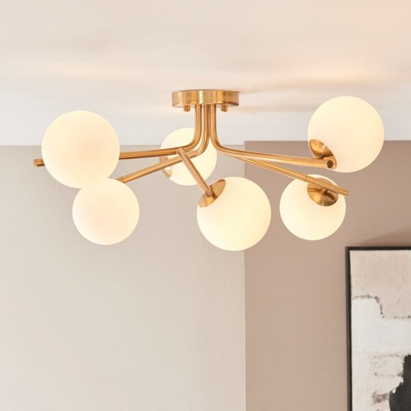 Endon 118651 Aaron 6 Light Semi Flush Ceiling Light In Brushed Aged Brass With Matt Opal Glass