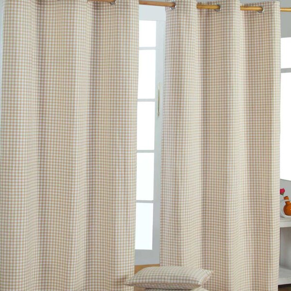 Cotton Gingham Check Beige Ready Made Eyelet Curtains 117 x 137 cm