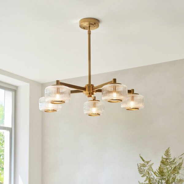 Endon 120635 Stamford 5 Light Ceiling Pendant Light In Brushed Aged Brass With Ribbed Glass