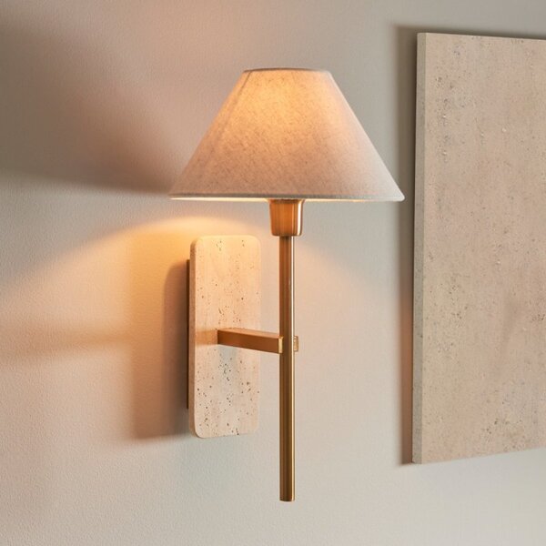 Endon 120637 Faro Wall light In Natural Travertine And Vintage Brass With Natural Faux Linen Shade