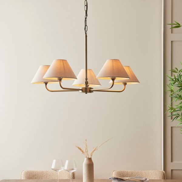 Endon 117833 Lille 5 Light Ceiling Pendant Light In Antique Brass With Natural Linen Shades