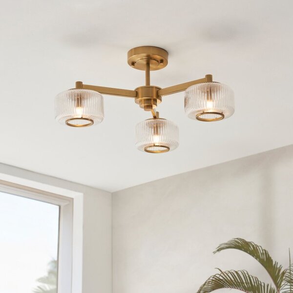 Endon 120634 Stamford 3 Light Semi Flush Ceiling Light In Brushed Aged Brass With Ribbed Glass