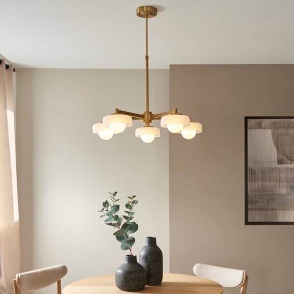 Endon 120632 Boss 5 Light Ceiling Pendant Light In Brushed Aged Brass With Frosted And Opal Glass