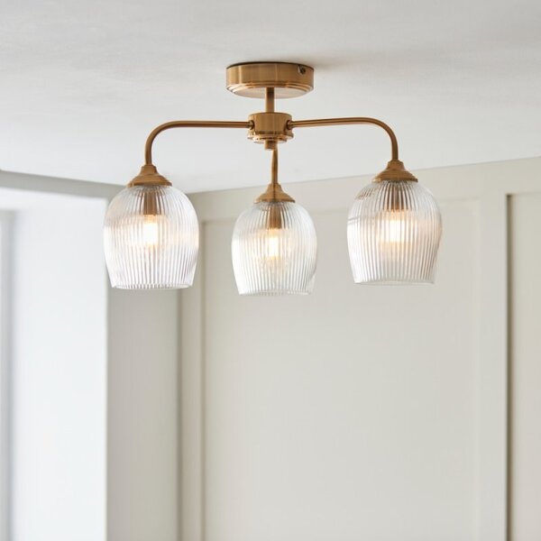 Endon 120617 Ashcroft 3 Light Semi Flush Ceiling Light In Brushed Aged Brass With Ribbed Glass
