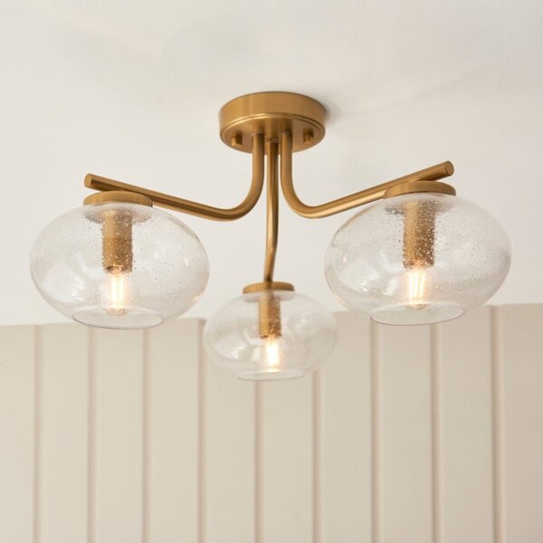 Endon 118507 Jacob 3 Light Semi Flush Ceiling Light In Warm Brass With Bubble Glass