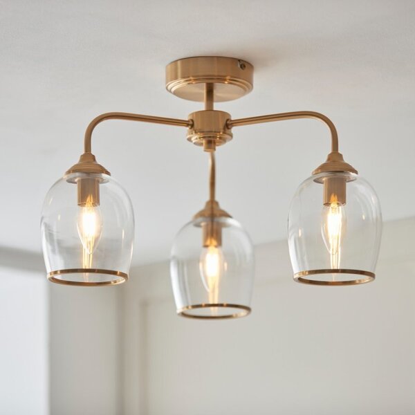 Endon 120616 Ashcroft 3 Light Semi Flush Ceiling Light In Brushed Aged Brass With Clear Glass